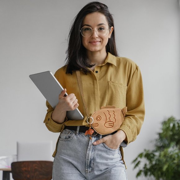 Girl's Japanese Style Embroidered Canvas Crossbody Bag with Wooden Fish Keychain - Picture 5 of 5